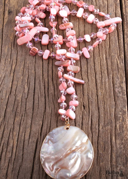 Boho Necklace, RH Pink Rose Crystal Shell
